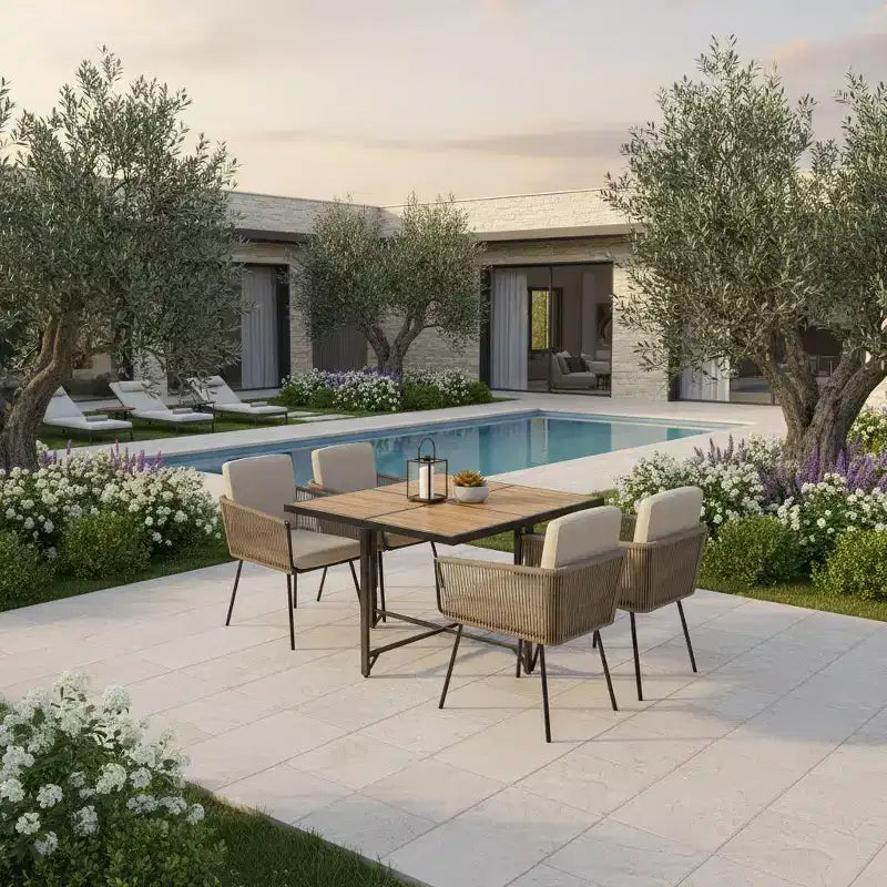Set da pranzo Gymax 5 pezzi da esterno con tavolo rettangolare in legno di acacia e sedie imbottite per cortile e giardino