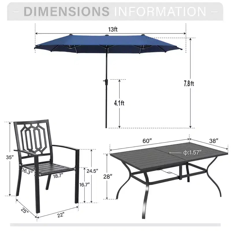 Captiva Designs Set da pranzo da 8 pezzi per esterni con tavolo rettangolare in acciaio con piano a doghe, sedie impilabili in metallo e ombrellone blu da 4 metri