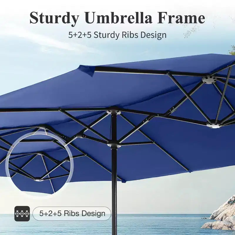 Captiva Designs Set da pranzo da 8 pezzi per esterni con tavolo rettangolare in acciaio con piano a doghe, sedie impilabili in metallo e ombrellone blu da 4 metri