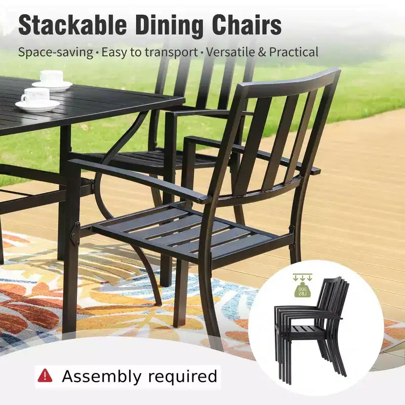 Captiva Designs Set da pranzo da 8 pezzi per esterni con tavolo rettangolare in acciaio con piano a doghe, sedie impilabili in metallo e ombrellone blu da 4 metri