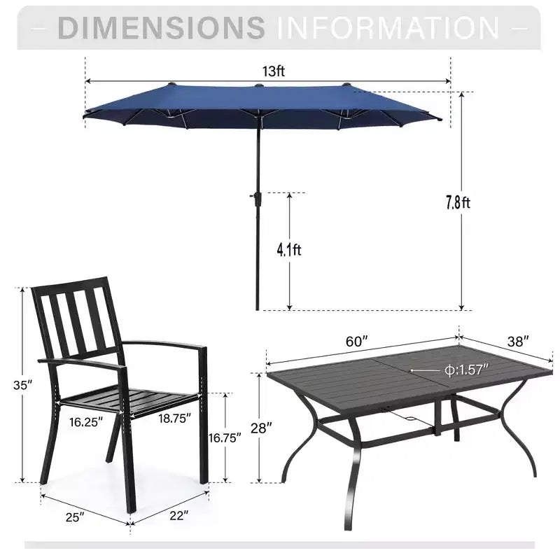 Captiva Designs Set da pranzo da 8 pezzi per esterni con tavolo rettangolare in acciaio con piano a doghe, sedie impilabili in metallo e ombrellone blu da 4 metri