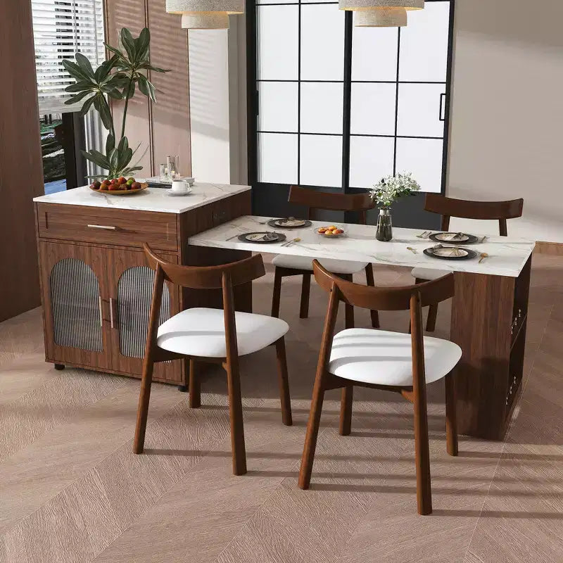GDFStudio Malthus Set da Pranzo con Isola Cucina Estensibile da 80 Pollici e 4 Sedie in Legno Massello