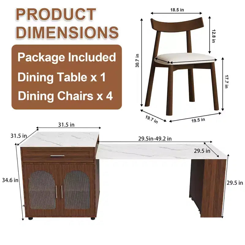 GDFStudio Malthus Set da Pranzo con Isola Cucina Estensibile da 80 Pollici e 4 Sedie in Legno Massello