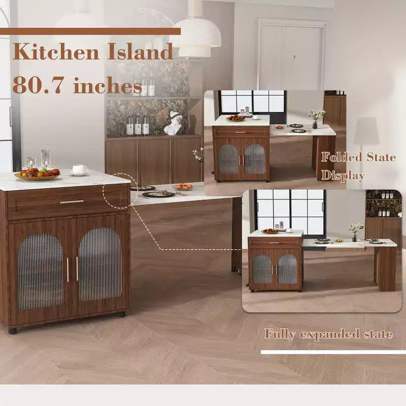 GDFStudio Malthus Set da Pranzo con Isola Cucina Estensibile da 80 Pollici e 4 Sedie in Legno Massello