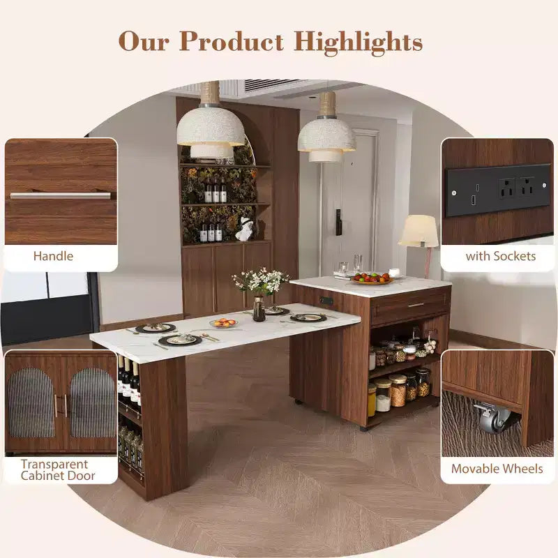 GDFStudio Malthus Set da Pranzo con Isola Cucina Estensibile da 80 Pollici e 4 Sedie in Legno Massello