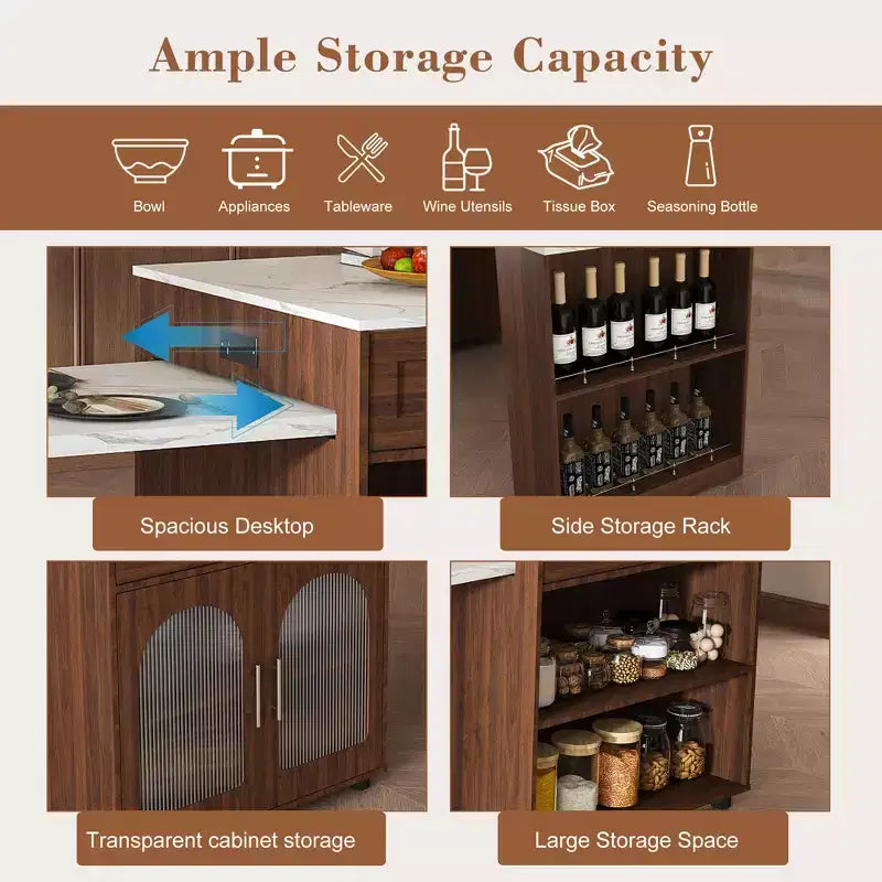 GDFStudio Malthus Set da Pranzo con Isola Cucina Estensibile da 80 Pollici e 4 Sedie in Legno Massello