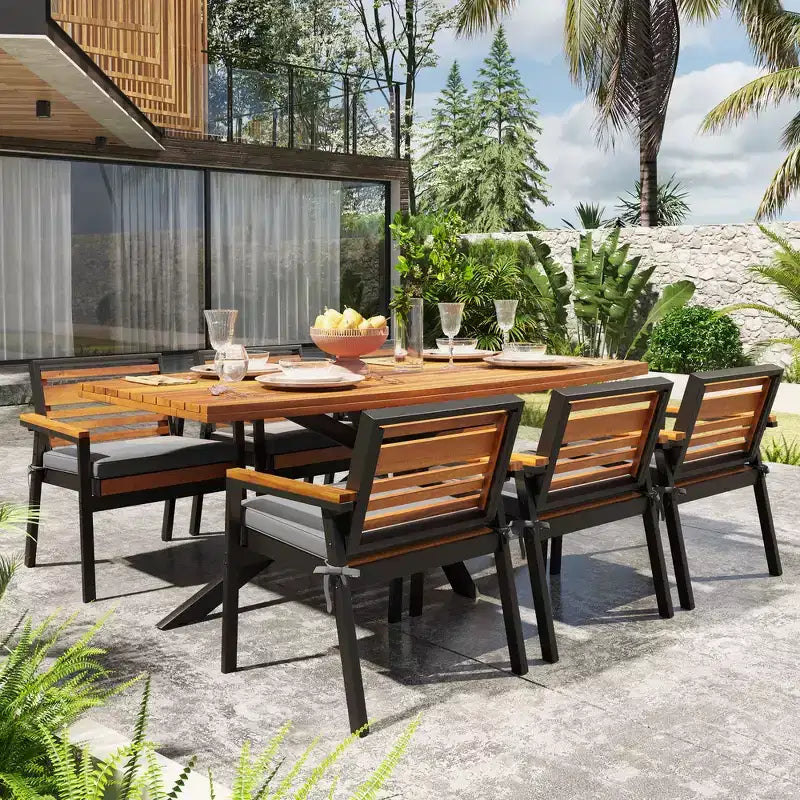 Set da pranzo per esterno Whisen da 7 pezzi per 6 persone, set tavolo e sedie da patio, set da pranzo da giardino, 1 tavolo da pranzo rettangolare e 6 sedie con cuscini