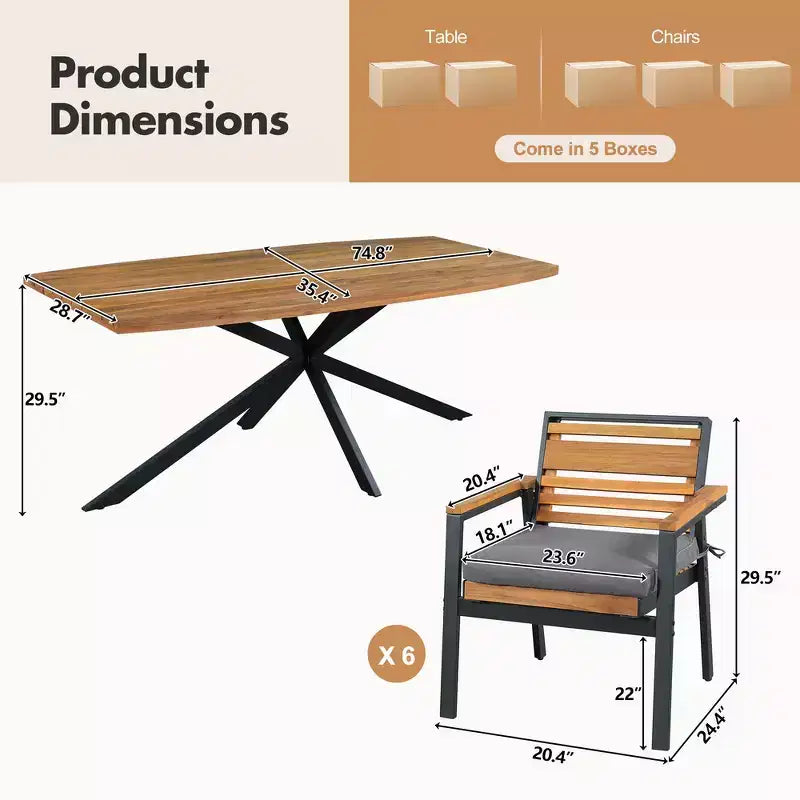 Set da pranzo per esterno Whisen da 7 pezzi per 6 persone, set tavolo e sedie da patio, set da pranzo da giardino, 1 tavolo da pranzo rettangolare e 6 sedie con cuscini