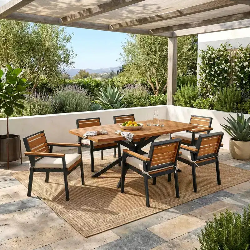 Set da pranzo per esterno Whisen da 7 pezzi per 6 persone, set tavolo e sedie da patio, set da pranzo da giardino, 1 tavolo da pranzo rettangolare e 6 sedie con cuscini