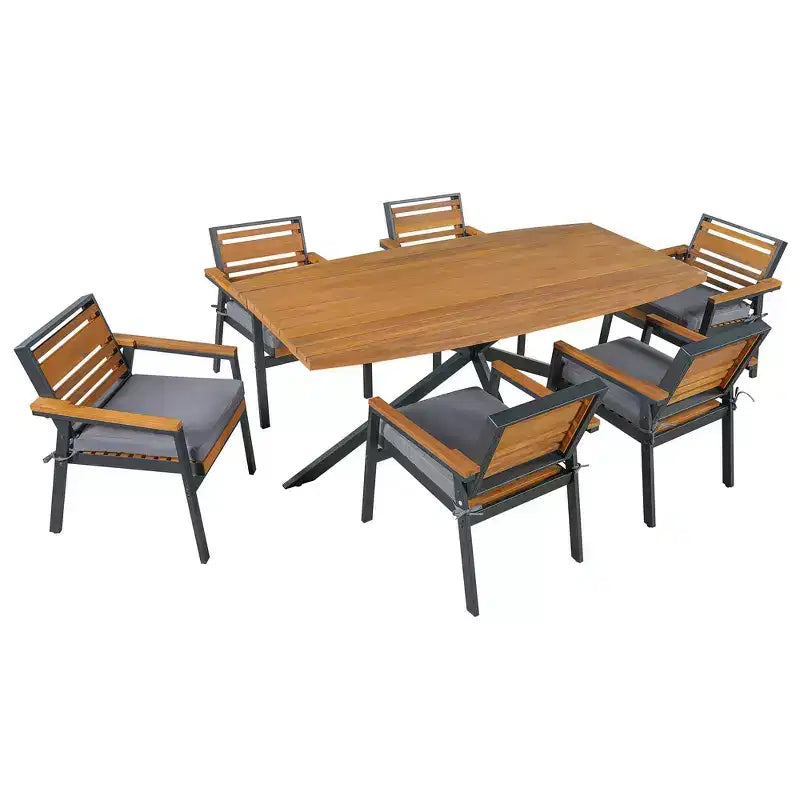 Set da pranzo per esterno Whisen da 7 pezzi per 6 persone, set tavolo e sedie da patio, set da pranzo da giardino, 1 tavolo da pranzo rettangolare e 6 sedie con cuscini