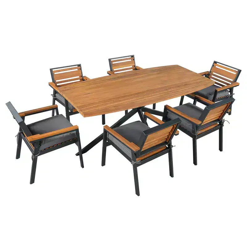 Set da pranzo per esterno Whisen da 7 pezzi per 6 persone, set tavolo e sedie da patio, set da pranzo da giardino, 1 tavolo da pranzo rettangolare e 6 sedie con cuscini