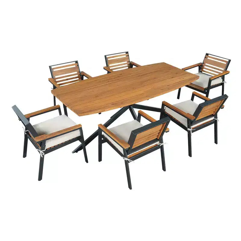 Set da pranzo per esterno Whisen da 7 pezzi per 6 persone, set tavolo e sedie da patio, set da pranzo da giardino, 1 tavolo da pranzo rettangolare e 6 sedie con cuscini