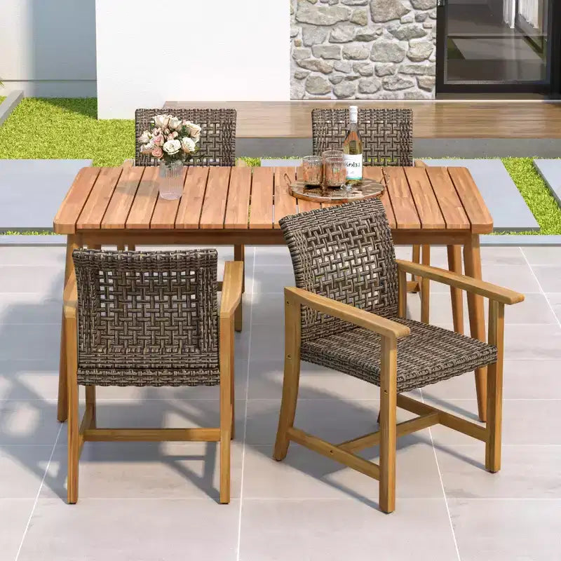 Set da pranzo da esterni in 5 pezzi in legno di acacia e rattan PE, set da 4 posti con tavolo e sedie da esterni per impieghi gravosi
