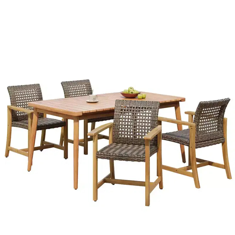 Set da pranzo da esterni in 5 pezzi in legno di acacia e rattan PE, set da 4 posti con tavolo e sedie da esterni per impieghi gravosi