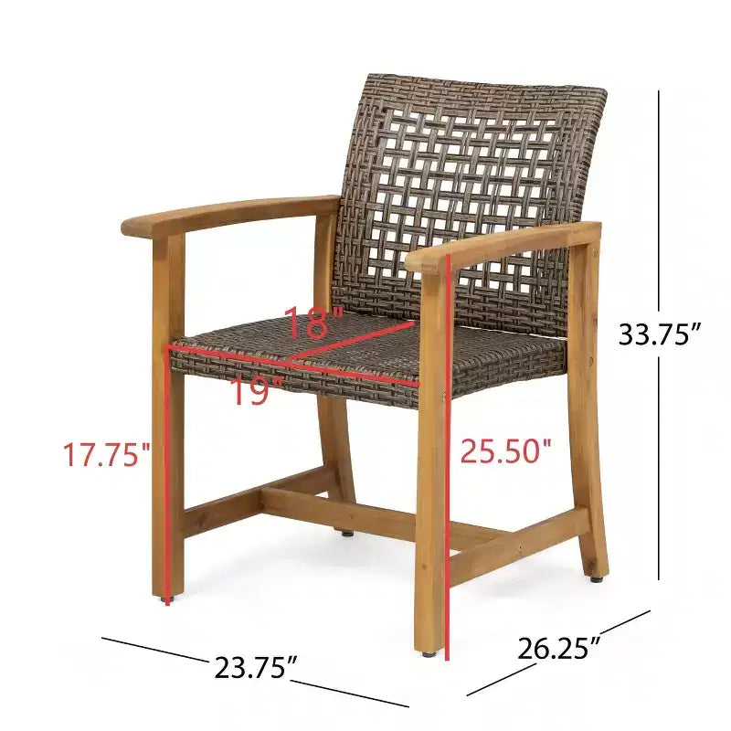 Set da pranzo da esterni in 5 pezzi in legno di acacia e rattan PE, set da 4 posti con tavolo e sedie da esterni per impieghi gravosi