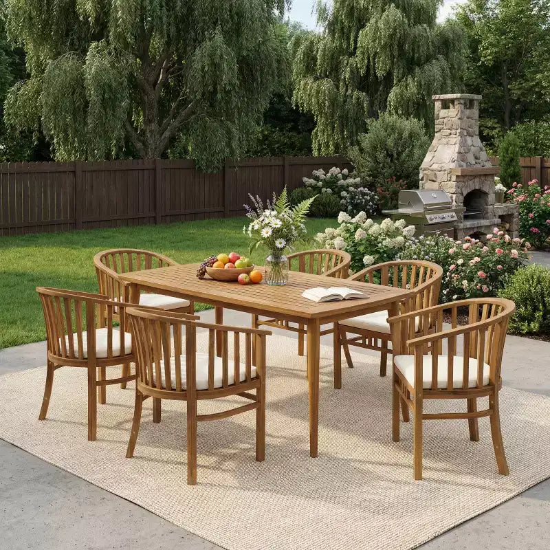 Christopher Knight Home Estrella Modern 7 Piece Patio Acacia Dining Set with Slatted Table and Cushions