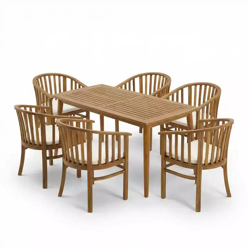 Christopher Knight Home Estrella Set da pranzo moderno da 7 pezzi in acacia per esterni con tavolo a doghe e cuscini
