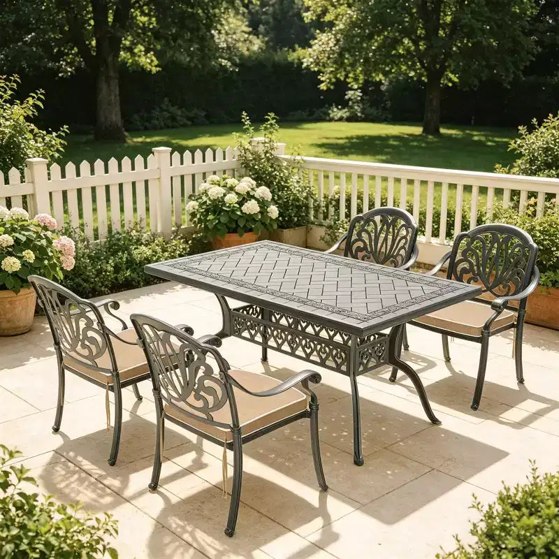 Set da pranzo da 5 pezzi rettangolare in alluminio fuso per patio, per esterni, giardino, terrazza, bordo piscina con cuscini