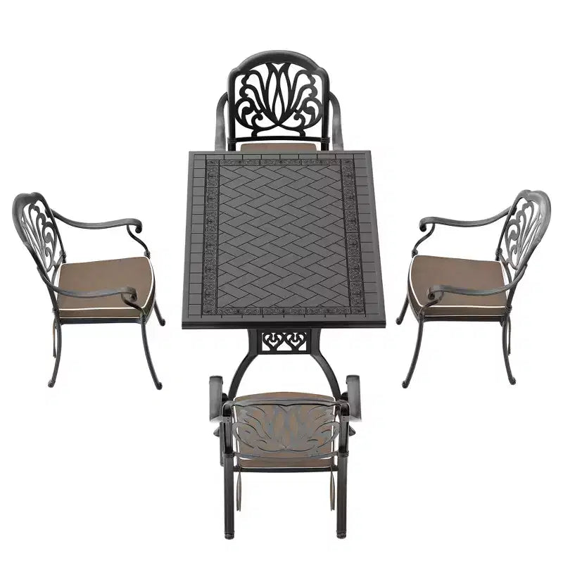 Set da pranzo da 5 pezzi rettangolare in alluminio fuso per patio, per esterni, giardino, terrazza, bordo piscina con cuscini
