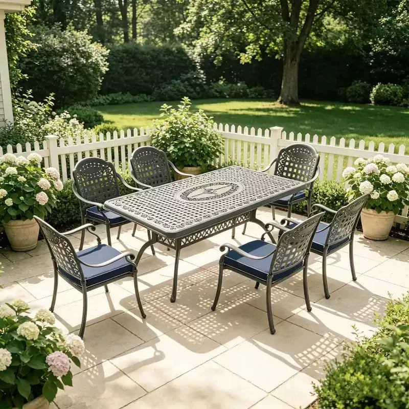Set da pranzo da 5 pezzi rettangolare in alluminio fuso per patio, per esterni, giardino, terrazza, bordo piscina con cuscini