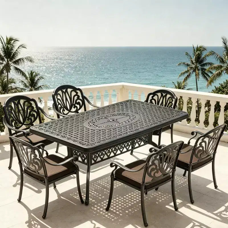 Set da pranzo da 5 pezzi rettangolare in alluminio fuso per patio, per esterni, giardino, terrazza, bordo piscina con cuscini