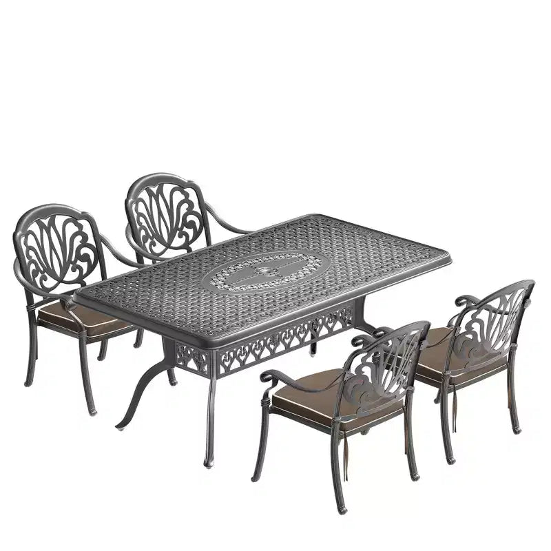 Set da pranzo da 5 pezzi rettangolare in alluminio fuso per patio, per esterni, giardino, terrazza, bordo piscina con cuscini