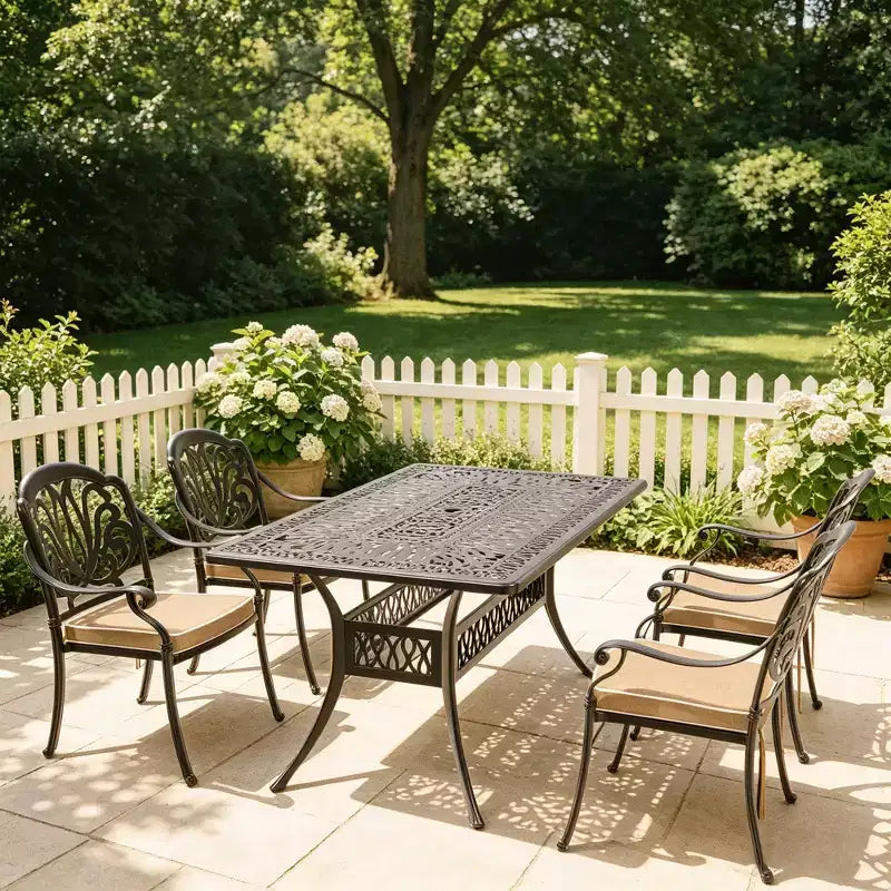 Set da pranzo da 5 pezzi rettangolare in alluminio fuso per patio, per esterni, giardino, terrazza, bordo piscina con cuscini