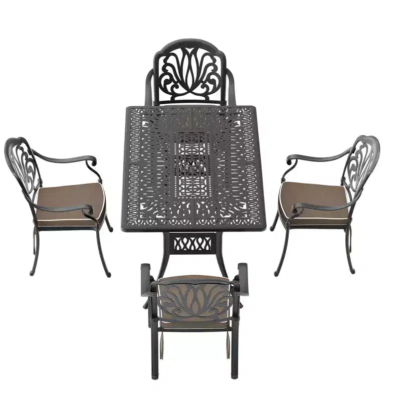 Set da pranzo da 5 pezzi rettangolare in alluminio fuso per patio, per esterni, giardino, terrazza, bordo piscina con cuscini