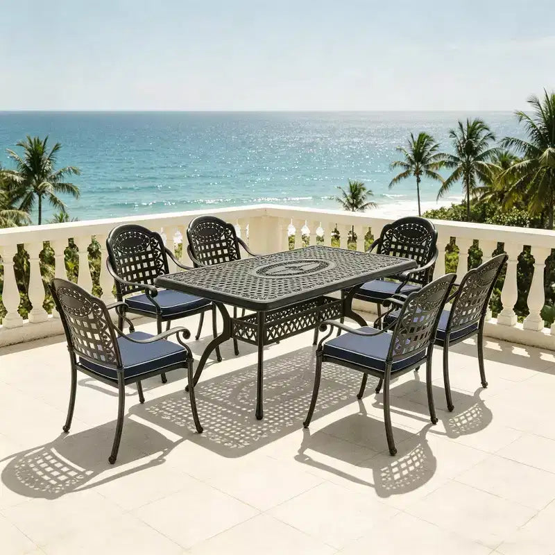 Set da pranzo da 5 pezzi rettangolare in alluminio fuso per patio, per esterni, giardino, terrazza, bordo piscina con cuscini