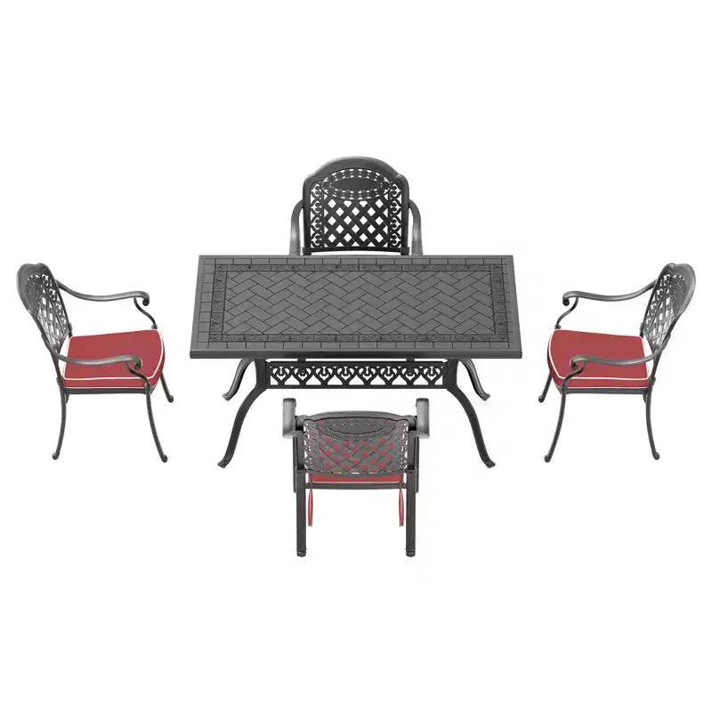 Set da pranzo da 5 pezzi rettangolare in alluminio fuso per patio, per esterni, giardino, terrazza, bordo piscina con cuscini