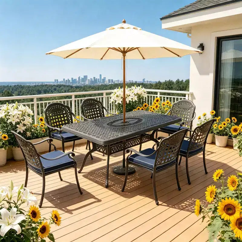 5-Piece Rectangular Cast Aluminum Patio Dining Set for Outdoor Backyard Garden Deck Poolside with Cushions