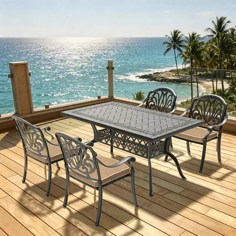 5-teiliges rechteckiges Terrassen-Essgruppen-Set aus Aluminiumguss für Garten, Hinterhof, Terrasse und Poolbereich mit Sitzpolstern