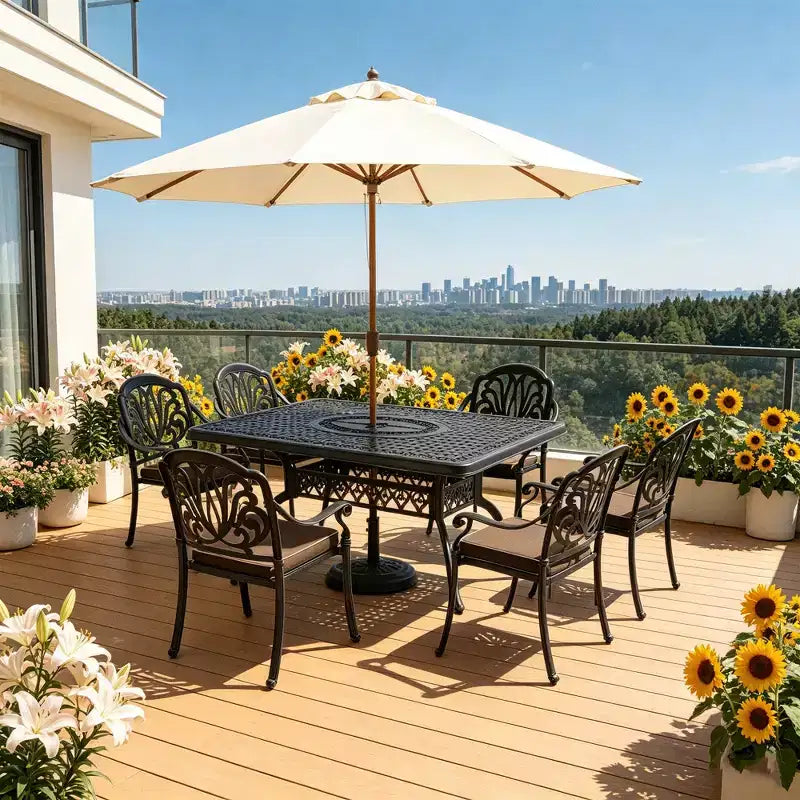 5-teiliges rechteckiges Terrassen-Essgruppen-Set aus Aluminiumguss für Garten, Hinterhof, Terrasse und Poolbereich mit Sitzpolstern