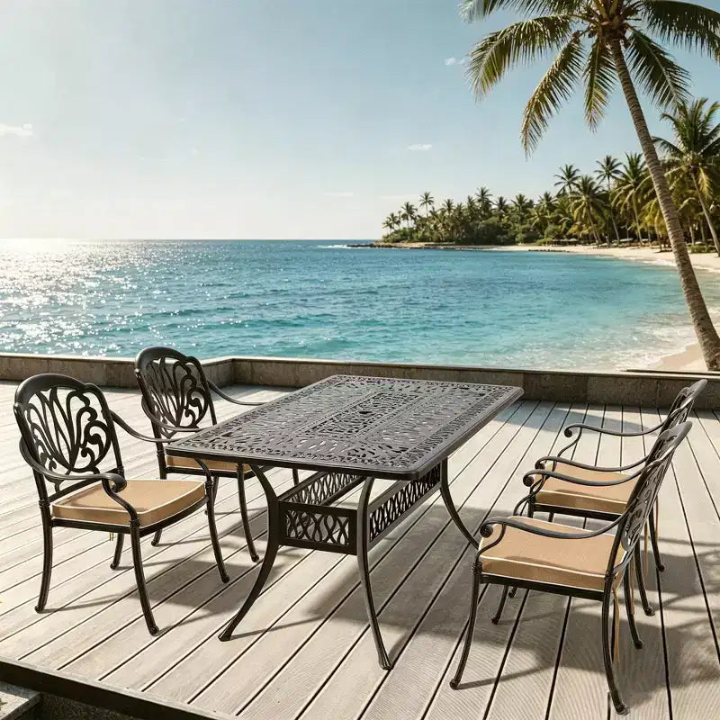 5-teiliges rechteckiges Terrassen-Essgruppen-Set aus Aluminiumguss für Garten, Hinterhof, Terrasse und Poolbereich mit Sitzpolstern