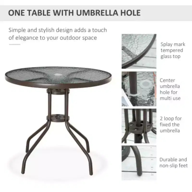 Set da pranzo da esterni da 6 pezzi per 4 persone con ombrellone/Set da esterni con 4 sedie da pranzo pieghevoli e tavolo rotondo in vetro per giardino, cortile e bordo piscina - Grigio