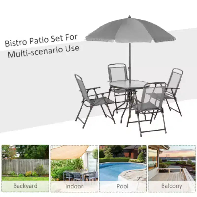 Set da pranzo da esterni da 6 pezzi per 4 persone con ombrellone/Set da esterni con 4 sedie da pranzo pieghevoli e tavolo rotondo in vetro per giardino, cortile e bordo piscina - Grigio