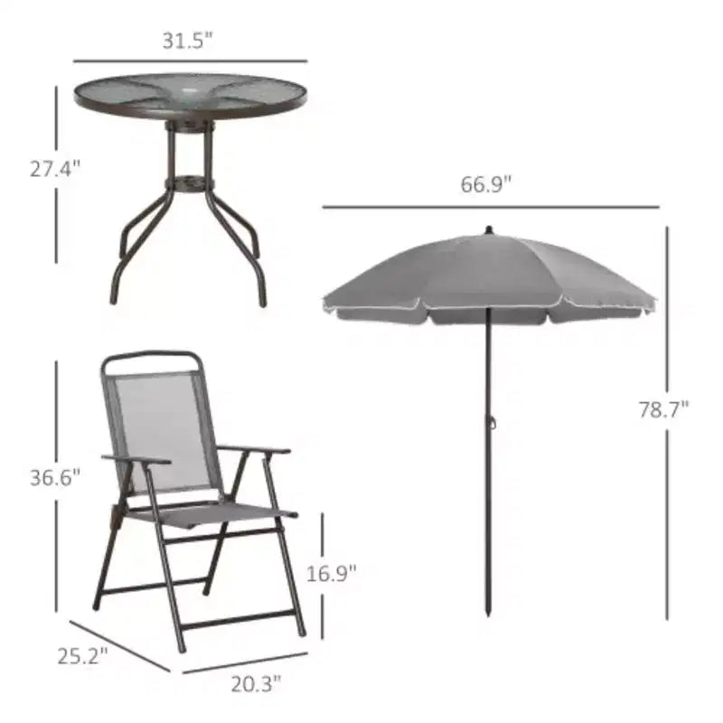 Set da pranzo da esterni da 6 pezzi per 4 persone con ombrellone/Set da esterni con 4 sedie da pranzo pieghevoli e tavolo rotondo in vetro per giardino, cortile e bordo piscina - Grigio
