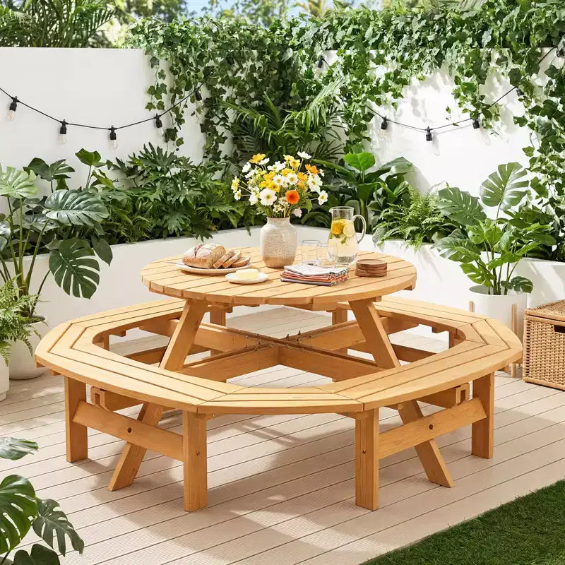 Tavolo da picnic in legno per 8 persone, tavolo da pranzo rotondo da campeggio per esterni con panche integrate e foro per ombrellone, set tavolo da esterno per giardino, cortile, patio