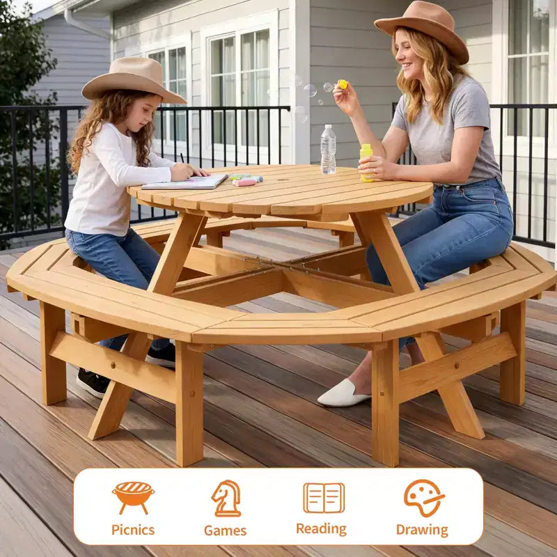 Tavolo da picnic in legno per 8 persone, tavolo da pranzo rotondo da campeggio per esterni con panche integrate e foro per ombrellone, set tavolo da esterno per giardino, cortile, patio