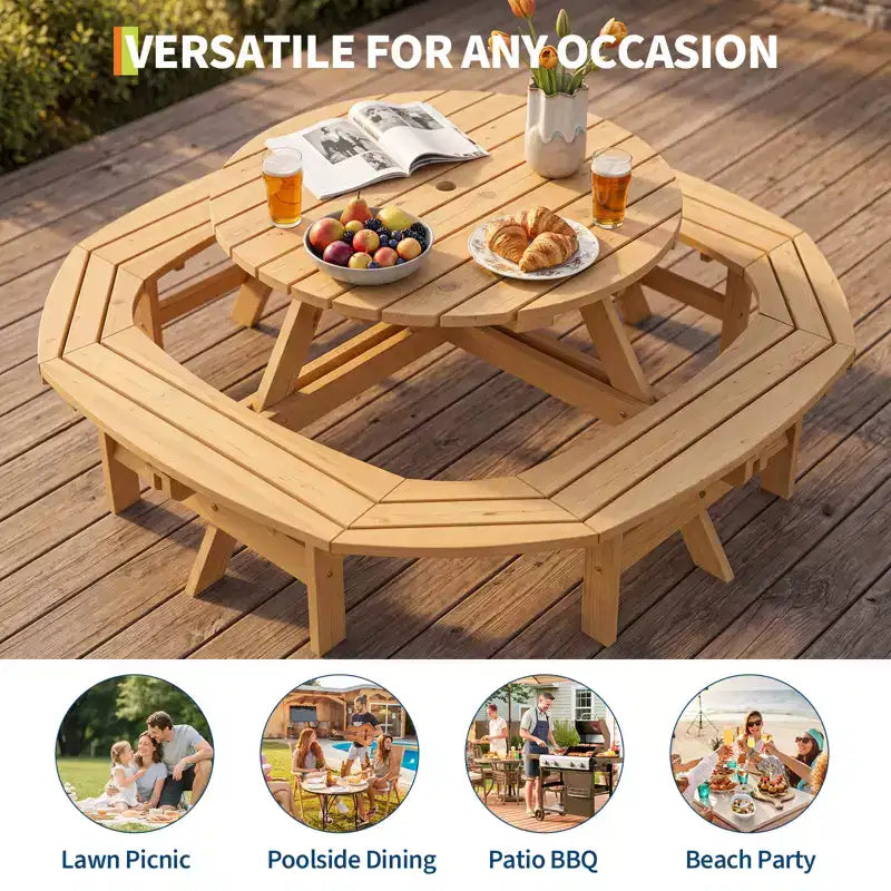Tavolo da picnic in legno per 8 persone, tavolo da pranzo rotondo da campeggio per esterni con panche integrate e foro per ombrellone, set tavolo da esterno per giardino, cortile, patio