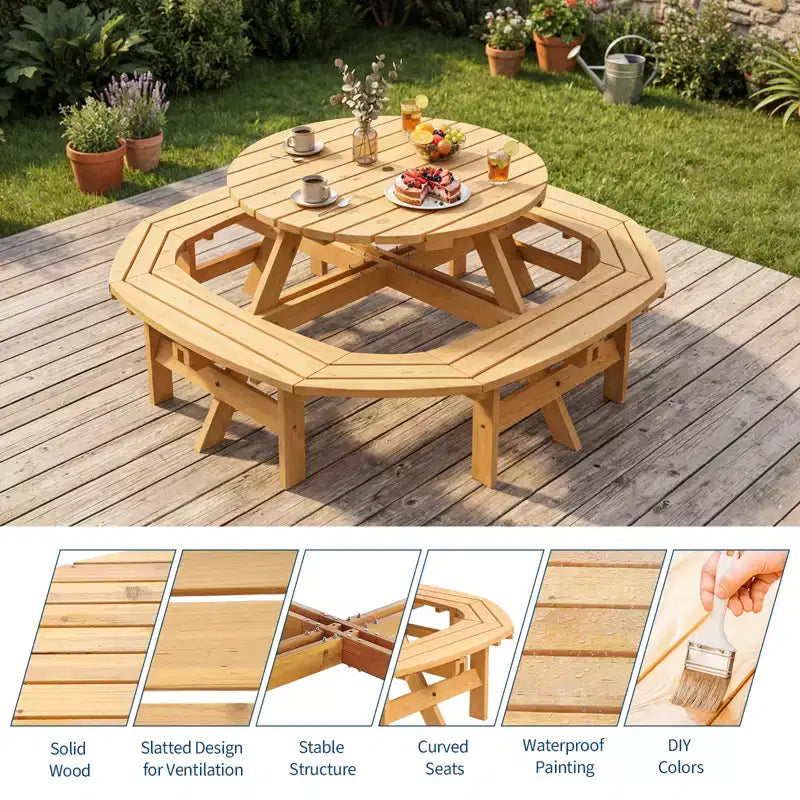 Tavolo da picnic in legno per 8 persone, tavolo da pranzo rotondo da campeggio per esterni con panche integrate e foro per ombrellone, set tavolo da esterno per giardino, cortile, patio