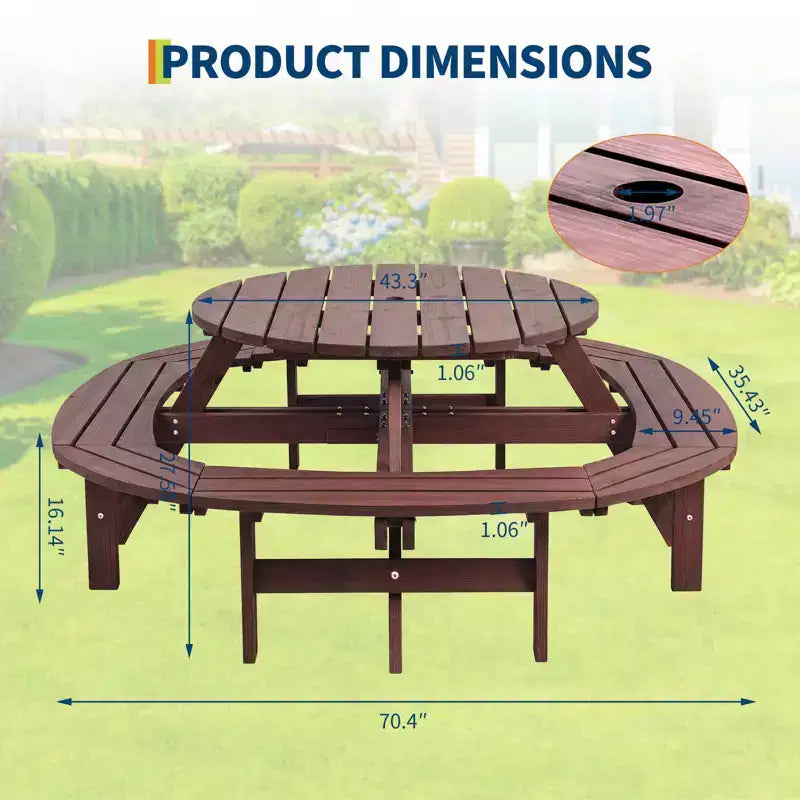 Tavolo da picnic in legno per 8 persone, tavolo da pranzo rotondo da campeggio per esterni con panche integrate e foro per ombrellone, set tavolo da esterno per giardino, cortile, patio