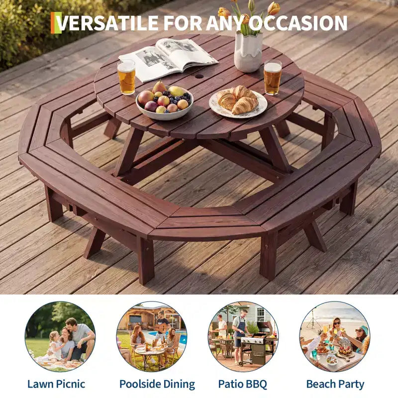 Tavolo da picnic in legno per 8 persone, tavolo da pranzo rotondo da campeggio per esterni con panche integrate e foro per ombrellone, set tavolo da esterno per giardino, cortile, patio