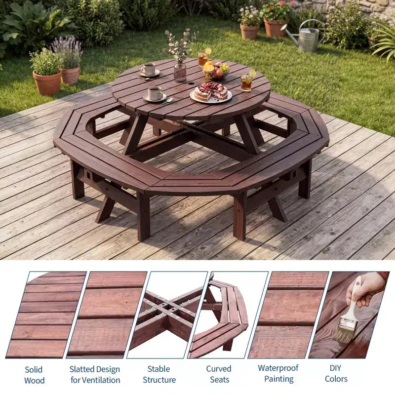 Tavolo da picnic in legno per 8 persone, tavolo da pranzo rotondo da campeggio per esterni con panche integrate e foro per ombrellone, set tavolo da esterno per giardino, cortile, patio