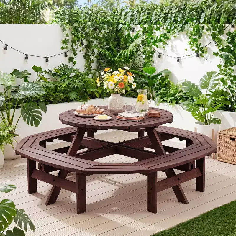 Tavolo da picnic in legno per 8 persone, tavolo da pranzo rotondo da campeggio per esterni con panche integrate e foro per ombrellone, set tavolo da esterno per giardino, cortile, patio