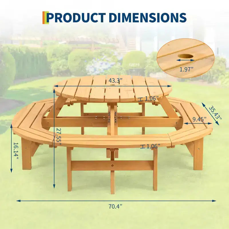 Tavolo da picnic in legno per 8 persone, tavolo da pranzo rotondo da campeggio per esterni con panche integrate e foro per ombrellone, set tavolo da esterno per giardino, cortile, patio