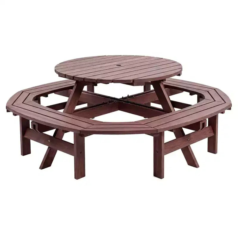8 Person Wooden Picnic Table, Outdoor Round Camping Dining Table with Built-in Benches & Umbrella Hole, Outside Table Set for Garden Backyard Patio