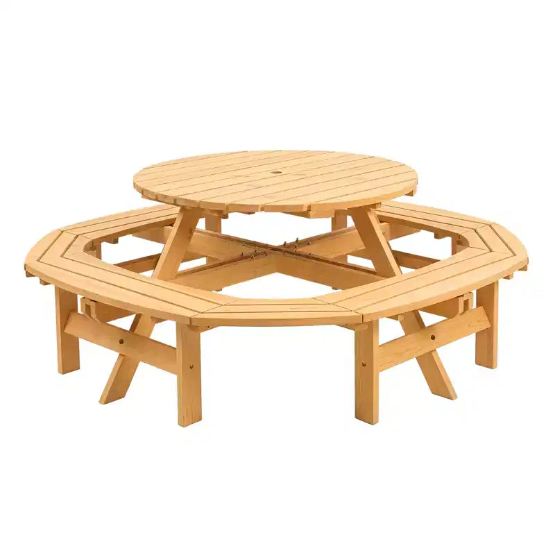 Tavolo da picnic in legno per 8 persone, tavolo rotondo da campeggio da esterno con panche integrate e foro per ombrellone, set da tavolo da esterno per giardino, cortile e patio