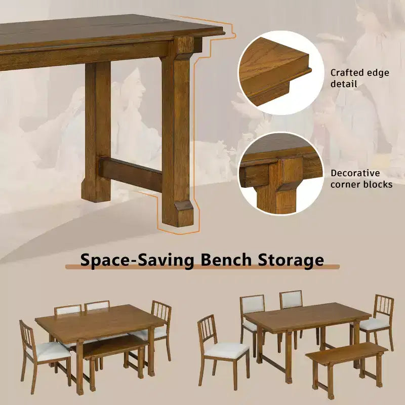 GDFStudio Dickey Set da Pranzo Salvaspazio da 6 Pezzi Stile Rustico con Struttura in Legno Massiccio