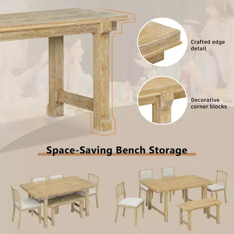 GDFStudio Dickey Set da Pranzo Salvaspazio da 6 Pezzi Stile Rustico con Struttura in Legno Massiccio